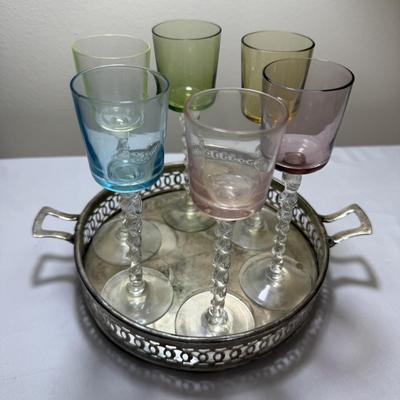 Spiral-Stemmed Rainbow Glasses with Silver Tray (K-HS)