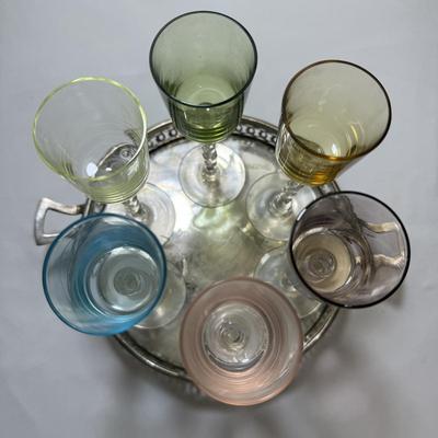 Spiral-Stemmed Rainbow Glasses with Silver Tray (K-HS)