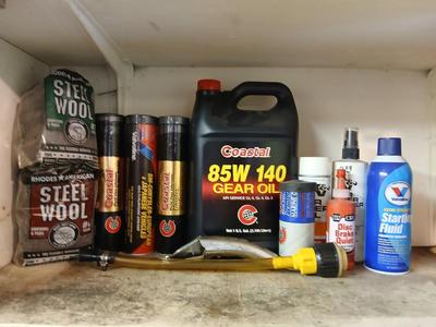 Lot of Automotive Maintenance Supplies – Gear Oil, Grease Tubes, Steel Wool & More