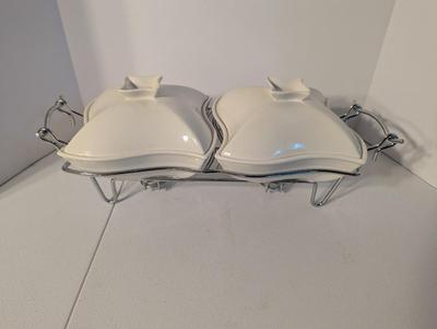 Double Sienna Godinger 1 Quart Covered Porcelain Bakers With Warming Stand