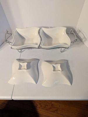 Double Sienna Godinger 1 Quart Covered Porcelain Bakers With Warming Stand