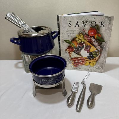 Chantal Cobalt Blue Fondue Set plus Cheese Knives & More (K-HS)