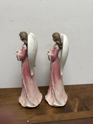 Sale Photo Thumbnail #58: In pink & white gowns, holding a dove. Good condition. Approx. 16" tall. Battery powered lights in the angel wings.Tested, works as expected.