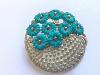 Vintage Floral Turquoise Flower Tone Basket Brooch