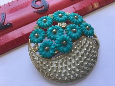 Vintage Floral Turquoise Flower Tone Basket Brooch