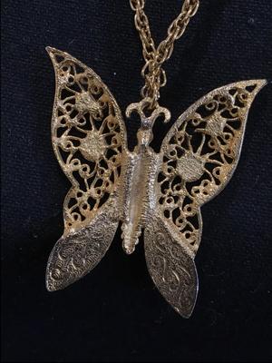 Vintage Filagree Green Accent Butterfly Necklace