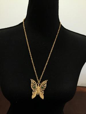Vintage Filagree Green Accent Butterfly Necklace