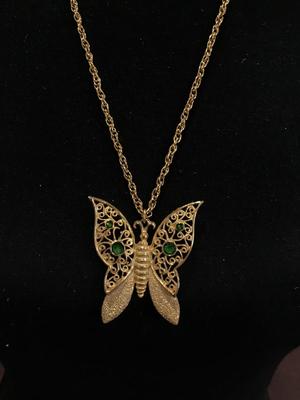 Vintage Filagree Green Accent Butterfly Necklace