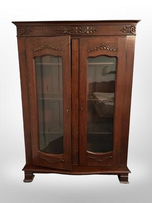 Antique Oak Display Cabinet with Carved Details & Glass Doors