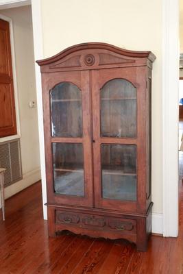 Antique Glass-Front Display Cabinet with Lower Drawer