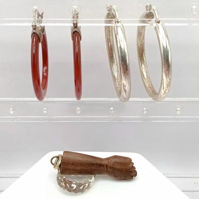 LOT 314: Sterling Clasp Carnelian or red Jade Hoop Earrings, 925 Sterling Silver Hoop Earrings, 925 Sterling Silver Toe Ring & Wood...