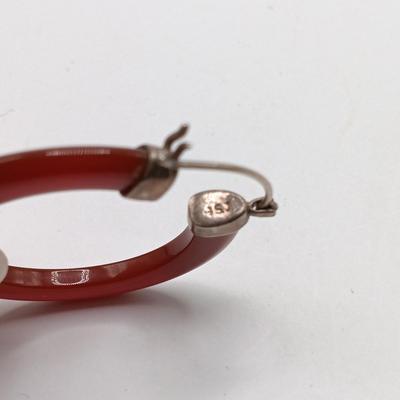 LOT 314: Sterling Clasp Carnelian or red Jade Hoop Earrings, 925 Sterling Silver Hoop Earrings, 925 Sterling Silver Toe Ring & Wood...