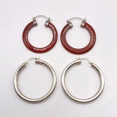 LOT 314: Sterling Clasp Carnelian or red Jade Hoop Earrings, 925 Sterling Silver Hoop Earrings, 925 Sterling Silver Toe Ring & Wood...