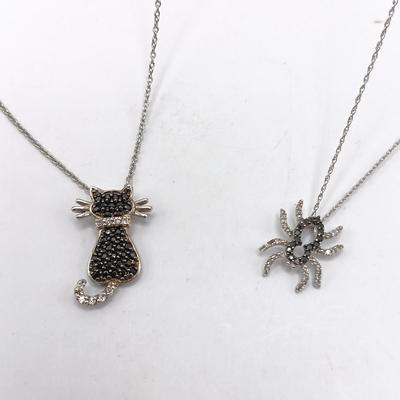 LOT 309: Silver-Tone Cat and Spider Rhinestone Necklaces
