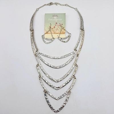 LOT 308: Justin & Taylor Silver-Tone Hammered Metal Statement Necklace and Earrings