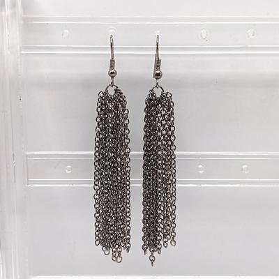 LOT 306: Vintage Multi-Strand Silver-Tone Chain Necklace and Earrings with 2028 Brand Black Bead Necklace and Earrings