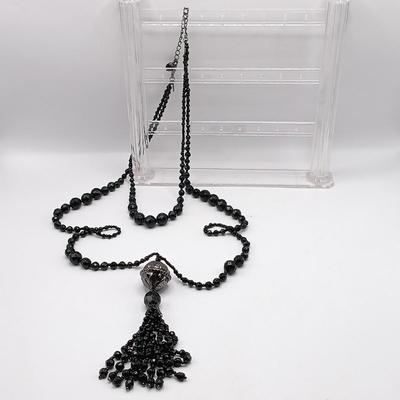 LOT 306: Vintage Multi-Strand Silver-Tone Chain Necklace and Earrings with 2028 Brand Black Bead Necklace and Earrings