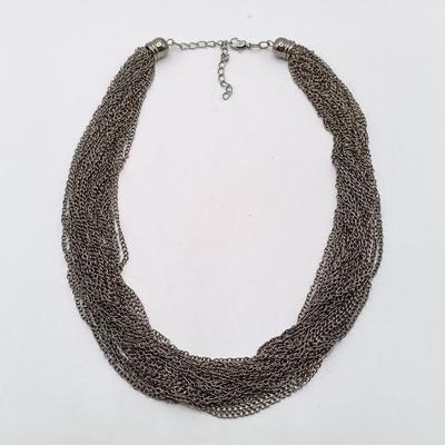 LOT 306: Vintage Multi-Strand Silver-Tone Chain Necklace and Earrings with 2028 Brand Black Bead Necklace and Earrings