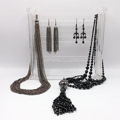 LOT 306: Vintage Multi-Strand Silver-Tone Chain Necklace and Earrings with 2028 Brand Black Bead Necklace and Earrings