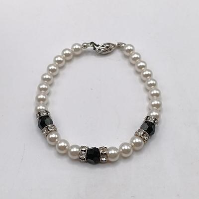 LOT 305: Sterling Silver and Rhinestone Bracelet, Clear Glass Bead Necklace with Sterling Clasp, Aurora Borealis Glass Bead Necklace...