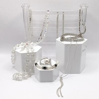 LOT 305: Sterling Silver and Rhinestone Bracelet, Clear Glass Bead Necklace with Sterling Clasp, Aurora Borealis Glass Bead Necklace...