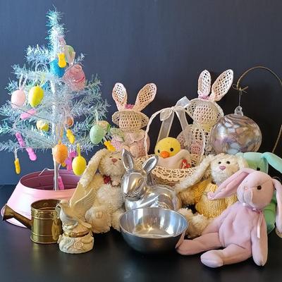 LOT 266: Easter Collection - TY Beanie Babies, Tree with Ornaments, Hand Blown Glass Ball, Metal Rabbit Dish & More