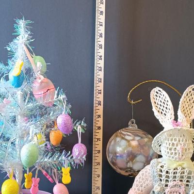 LOT 266: Easter Collection - TY Beanie Babies, Tree with Ornaments, Hand Blown Glass Ball, Metal Rabbit Dish & More