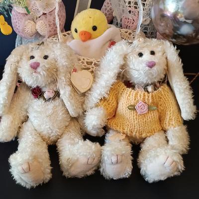 LOT 266: Easter Collection - TY Beanie Babies, Tree with Ornaments, Hand Blown Glass Ball, Metal Rabbit Dish & More