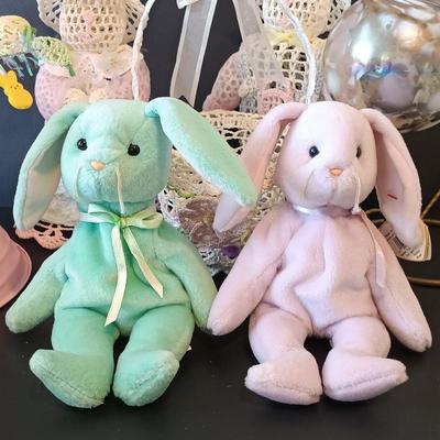 LOT 266: Easter Collection - TY Beanie Babies, Tree with Ornaments, Hand Blown Glass Ball, Metal Rabbit Dish & More