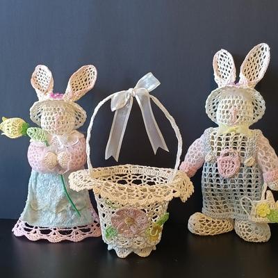 LOT 266: Easter Collection - TY Beanie Babies, Tree with Ornaments, Hand Blown Glass Ball, Metal Rabbit Dish & More