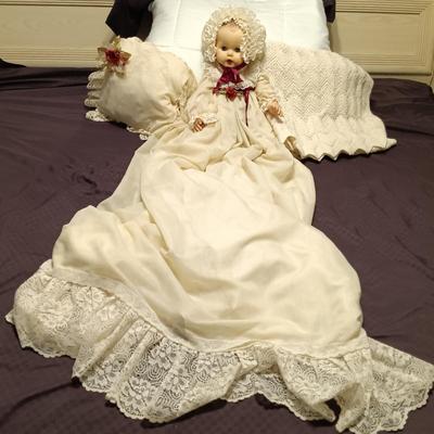 LOT 249: Antique Christening Gown and Pillow & Crocheted Blanket