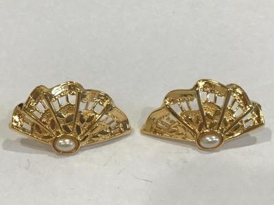 Fan Earrings Gold Tone Pearl Embellishment
