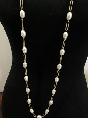 Faux Pearl Necklace on Paper Clip Chain. Vintage