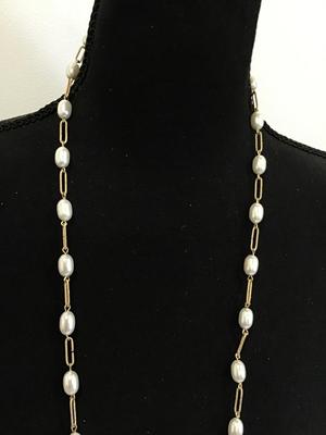 Faux Pearl Necklace on Paper Clip Chain. Vintage
