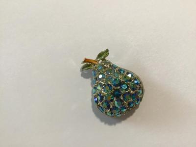Vintage Gold Enamel peacock Blue Green Rivoli Glass Pear