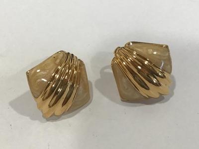Cream Enamel Gold Tone Clip on Earrings