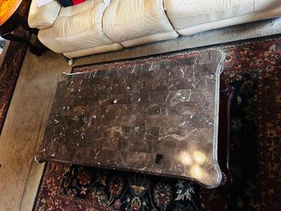 LEGENDS FURNITURE MARBLE TOP COFFEE TABLE WITH A WOOD FRAME