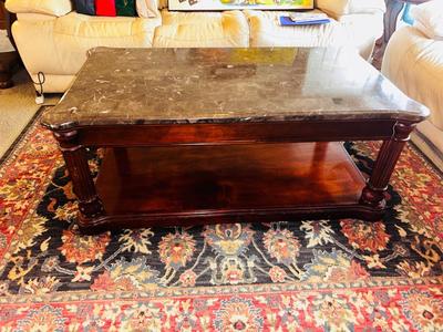 LEGENDS FURNITURE MARBLE TOP COFFEE TABLE WITH A WOOD FRAME