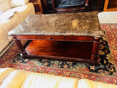 LEGENDS FURNITURE MARBLE TOP COFFEE TABLE WITH A WOOD FRAME