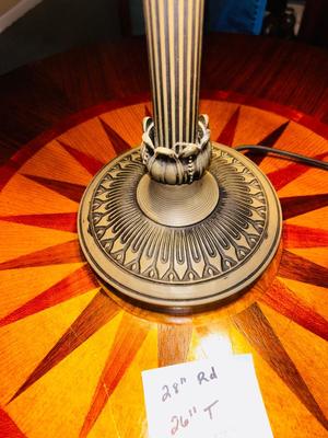 2 TIER INLAID WOOD SIDE TABLE W/DRAWER AND A GLASS SHADE LAMP