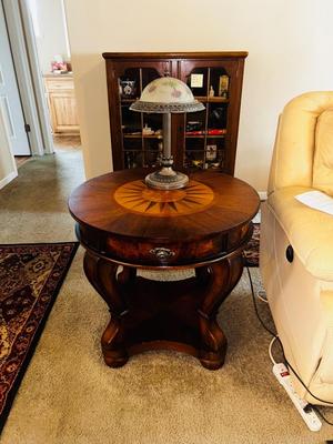 2 TIER INLAID WOOD SIDE TABLE W/DRAWER AND A GLASS SHADE LAMP