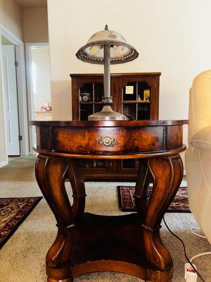 2 TIER INLAID WOOD SIDE TABLE W/DRAWER AND A GLASS SHADE LAMP