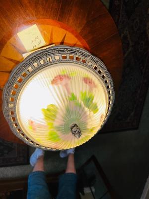 2 TIER INLAID WOOD SIDE TABLE W/DRAWER AND A GLASS SHADE LAMP