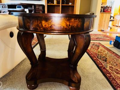 2 TIER INLAID WOOD SIDE TABLE W/DRAWER AND A GLASS SHADE LAMP