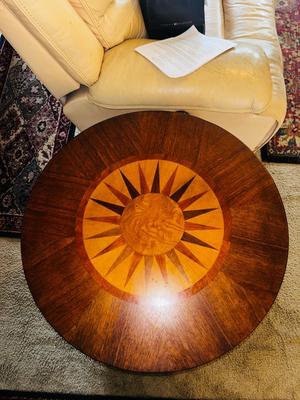 2 TIER INLAID WOOD SIDE TABLE W/DRAWER AND A GLASS SHADE LAMP