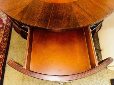 2 TIER INLAID WOOD SIDE TABLE W/DRAWER AND A GLASS SHADE LAMP