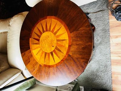 2 TIER INLAID WOOD SIDE TABLE W/DRAWER AND A 3 LIGHT LILY LAMP