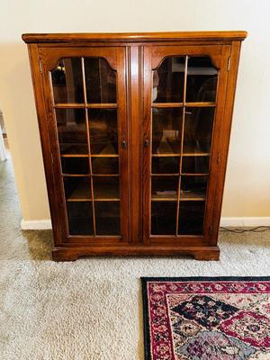 ANTIQUE GLASS DOUBLE DOOR SKELETON KEY LOCKING CABINET