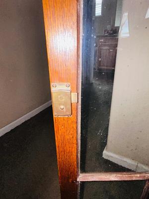 ANTIQUE GLASS DOUBLE DOOR SKELETON KEY LOCKING CABINET