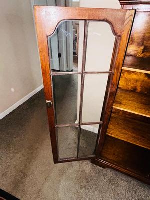 ANTIQUE GLASS DOUBLE DOOR SKELETON KEY LOCKING CABINET